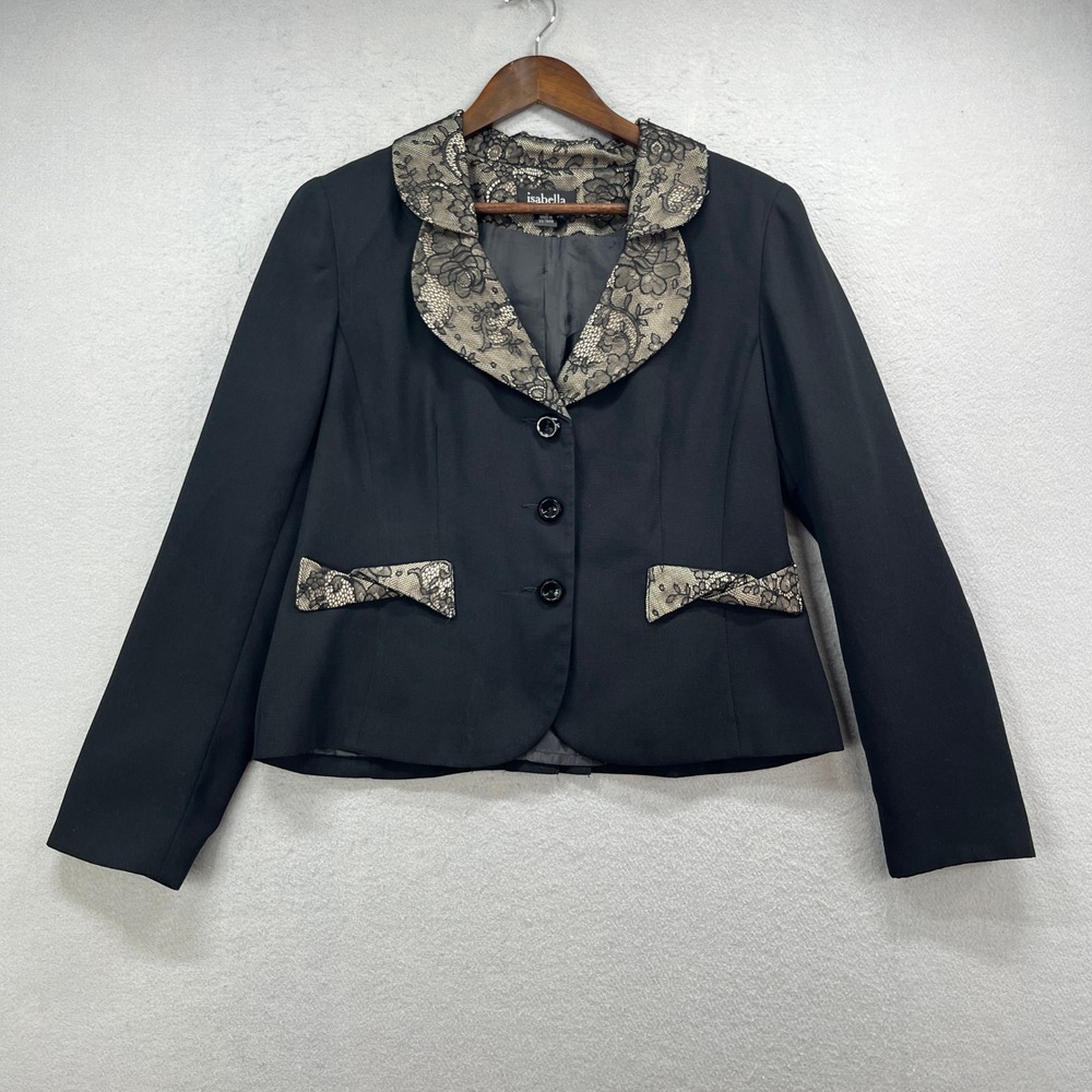 Isabella Suits Blazer Womens 12 Black Lace Trim Peplum Back Professional Career